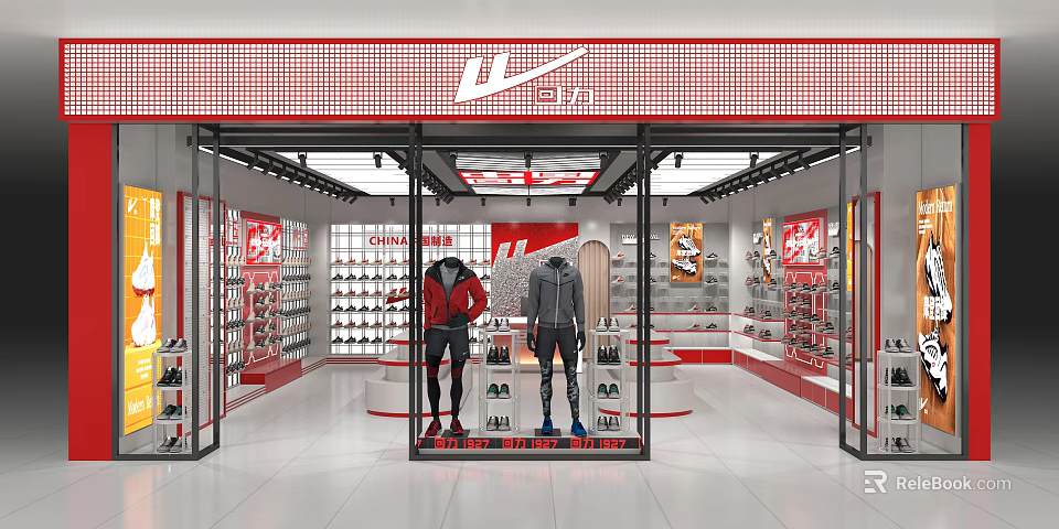 Modern Warrior Sports Footwear Specialty Store Interior With Sportswear Mannequins And Rich Shoe Product Displays 3d model 