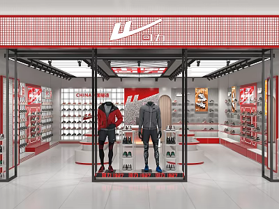 Modern Warrior Sports Footwear Specialty Store Interior With Sportswear Mannequins And Rich Shoe Product Displays 3d model