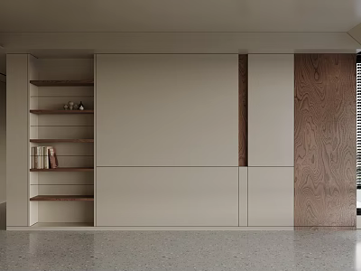 Minimalist Sofa Background Wall With Built In Shelves And Wooden Panels 3d model