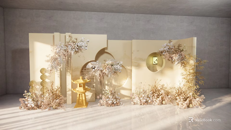 Elegant Wedding Scene Decoration With Golden Lanterns Pink Flowers Round Arch Screen And Lighting 3d model 