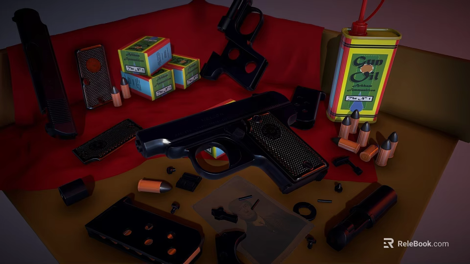 Firearm Accessories Display With Pistol Bullets Colorful Boxes And Parts 3d model 