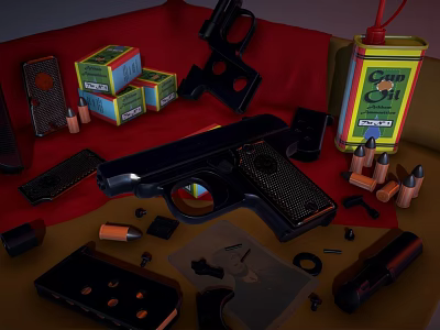 Firearm Accessories Display With Pistol Bullets Colorful Boxes And Parts 3d model