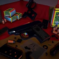 Firearm Accessories Display With Pistol Bullets Colorful Boxes And Parts