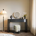 Elegant Modern Dressing Table Setup With Round Mirror Floor Lamp Patterned Stool And Flower Vase 3d model