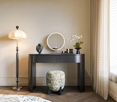 Elegant Modern Dressing Table Setup With Round Mirror Floor Lamp Patterned Stool And Flower Vase 3d model