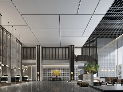 Modern Hotel Lobby Interior With Spacious Design Hanging Lights Columns Green Plants And Sofas 3d model