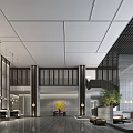 Modern Hotel Lobby Interior With Spacious Design Hanging Lights Columns Green Plants And Sofas