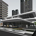 Modern High Rise Buildings With Glass Curtain Wall Low Rise Structure Greenery Water Pedestrians And Vehicles