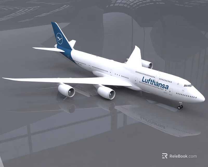 Lufthansa White Airliner With Blue Tail And Four Engines On Reflective Ground 3d model 