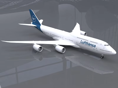 Lufthansa White Airliner With Blue Tail And Four Engines On Reflective Ground 3d model