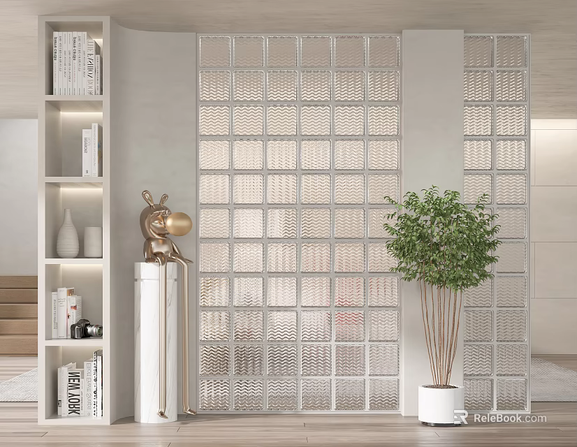 Glass Block Partition In Modern Interior With Shelf Plants And Decor 3d model 