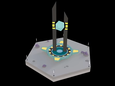 Hexagonal Platform With Central Black Pillars Blue Diamond Shaped Object Purple Decorations Yellow Geometric Patterns 3d model