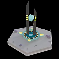 Hexagonal Platform With Central Black Pillars Blue Diamond Shaped Object Purple Decorations Yellow Geometric Patterns