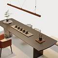 Elegant Tea Table And Chairs With Hanging Light Ceramic Tea Set And Small Plant 3d model