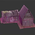 Old Wooden Houses With Weathered Wood And Sloped Roofs On Grassy Ground