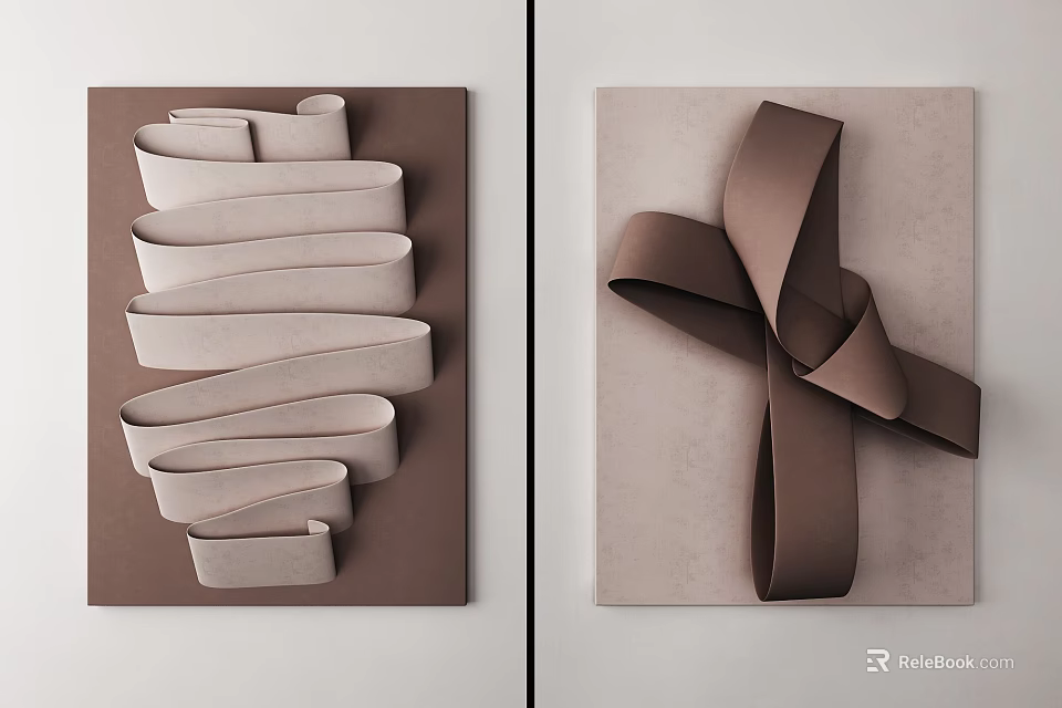 Modern Wall Decor Design Featuring Curved Beige Stripes And Crossed Brown Ribbons On Contrast Backgrounds 3d model 