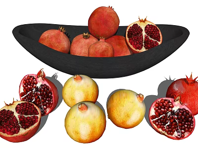 Fresh Whole And Halved Pomegranates In Black Bowl With Golden Varieties 3d model
