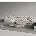 Modern Sofa and Coffee Table Set With Marble Tabletop Fabric Pillows and Side Table 3d model