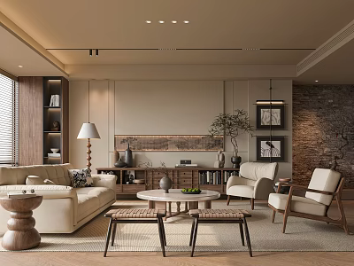 Modern Living Room With Beige Sofa Armchairs Round Coffee Table Green Plant And Stone Wall Decor 3d model