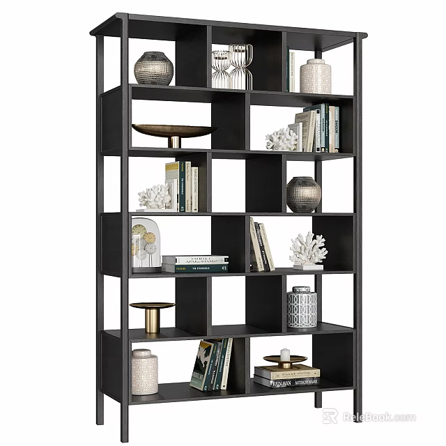 Modern Bookcase with Open Shelves Featuring Books Decorative Vases Coral and Trays 3d model 