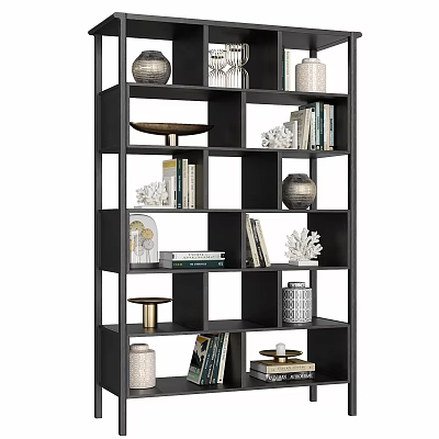 Modern Bookcase with Open Shelves Featuring Books Decorative Vases Coral and Trays 3d model