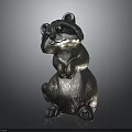 Standing Raccoon Sculpture With Metallic Finish And Detailed Fur Texture On Dark Background