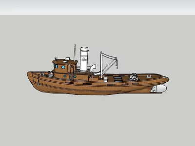 Brown Wooden Boat With White Chimney Mast And Deck Railings Equipment 3d model