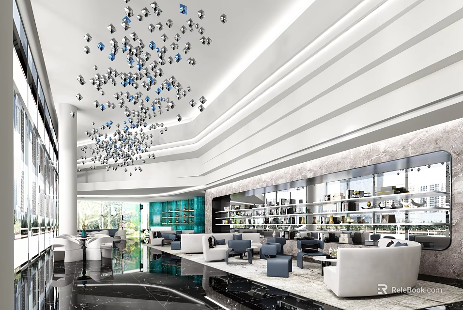 Modern Sales Office Interior Design With Chandelier Sofas And Glass Windows 3d model 