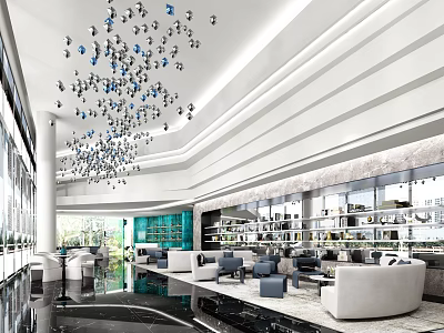 Modern Sales Office Interior Design With Chandelier Sofas And Glass Windows 3d model