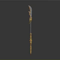 Fantasy Character Weapon With Golden Hilt And Mythical Creature Carvings