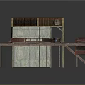 Elevated Wooden Stilt House Structure With Platform Staircase Red Fabric And Mixed Materials