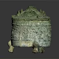 Ancient Chinese Bronze Ware Container With Ornate Lid And Three Legs