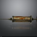 Vintage Medical Rusty Syringe with Red Stains on Shiny Reflective Surface