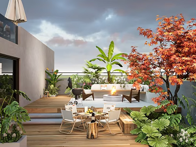 Tranquil Garden Landscape With Wooden Deck Red Leaf Trees Banana Plants And Outdoor Furniture 3d model