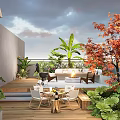 Tranquil Garden Landscape With Wooden Deck Red Leaf Trees Banana Plants And Outdoor Furniture