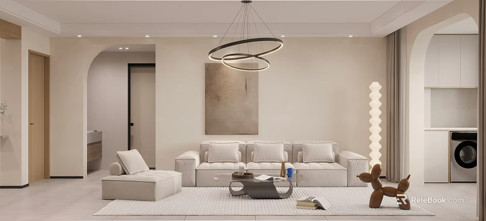 Modern Open Living Dining Room Interior With White Sofa Round Pendant Lights And Decorative Painting 3d model 