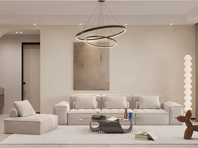 Modern Open Living Dining Room Interior With White Sofa Round Pendant Lights And Decorative Painting 3d model