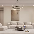 Modern Open Living Dining Room Interior With White Sofa Round Pendant Lights And Decorative Painting