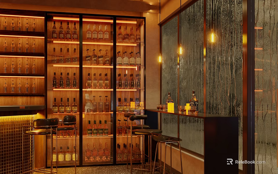 Bar Interior With Liquor Bottle Shelves Bar Counter High Stools Warm Lighting And Decorative Wall 3d model 