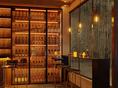 Bar Interior With Liquor Bottle Shelves Bar Counter High Stools Warm Lighting And Decorative Wall 3d model