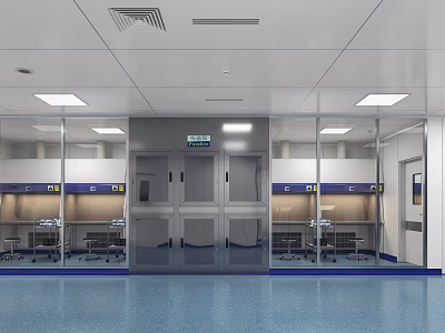 Medical Cleanroom Interior With Metal Doors Glass Windows And Blue Flooring 3d model