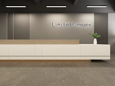 Modern Front Desk Reception with Wooden Counter Company Logo White Cabinets and Potted Plant 3d model