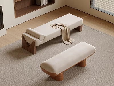 Stylish Beige Cushioned Benches With Wooden Legs And Blanket In Modern Interior 3d model