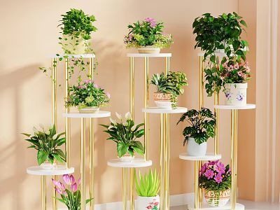 Bonsai and Potted Plants on Gold Multi Tiered Stands with Green and Flowering Indoor Decor 3d model