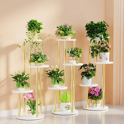 Bonsai and Potted Plants on Gold Multi Tiered Stands with Green and Flowering Indoor Decor 3d model
