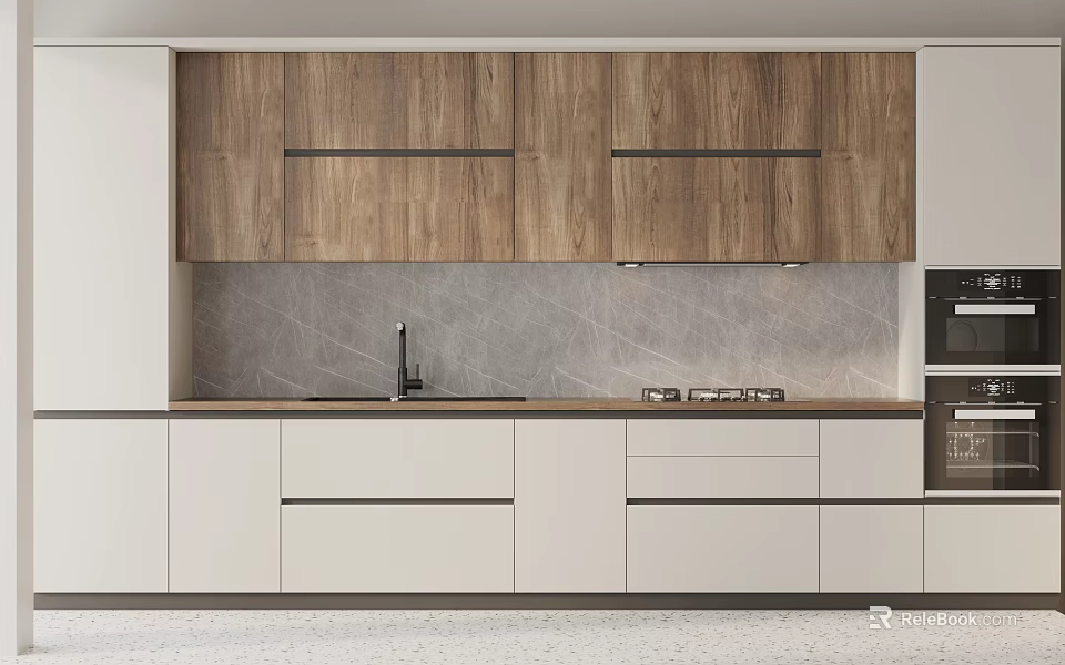 Modern Kitchen Interior With Wooden Upper And White Lower Cabinets Countertop Sink And Stove 3d model 