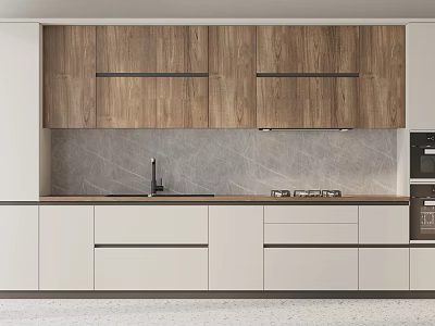Modern Kitchen Interior With Wooden Upper And White Lower Cabinets Countertop Sink And Stove 3d model