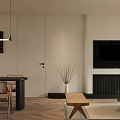 Modern Living Dining Room With TV Fireplace Wooden Coffee Table Light Walls And Wooden Floors