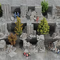 Collapsed Industrial Factory Site With Trees Damaged Buildings And Worker Figures