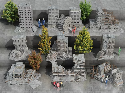 Collapsed Industrial Factory Site With Trees Damaged Buildings And Worker Figures 3d model